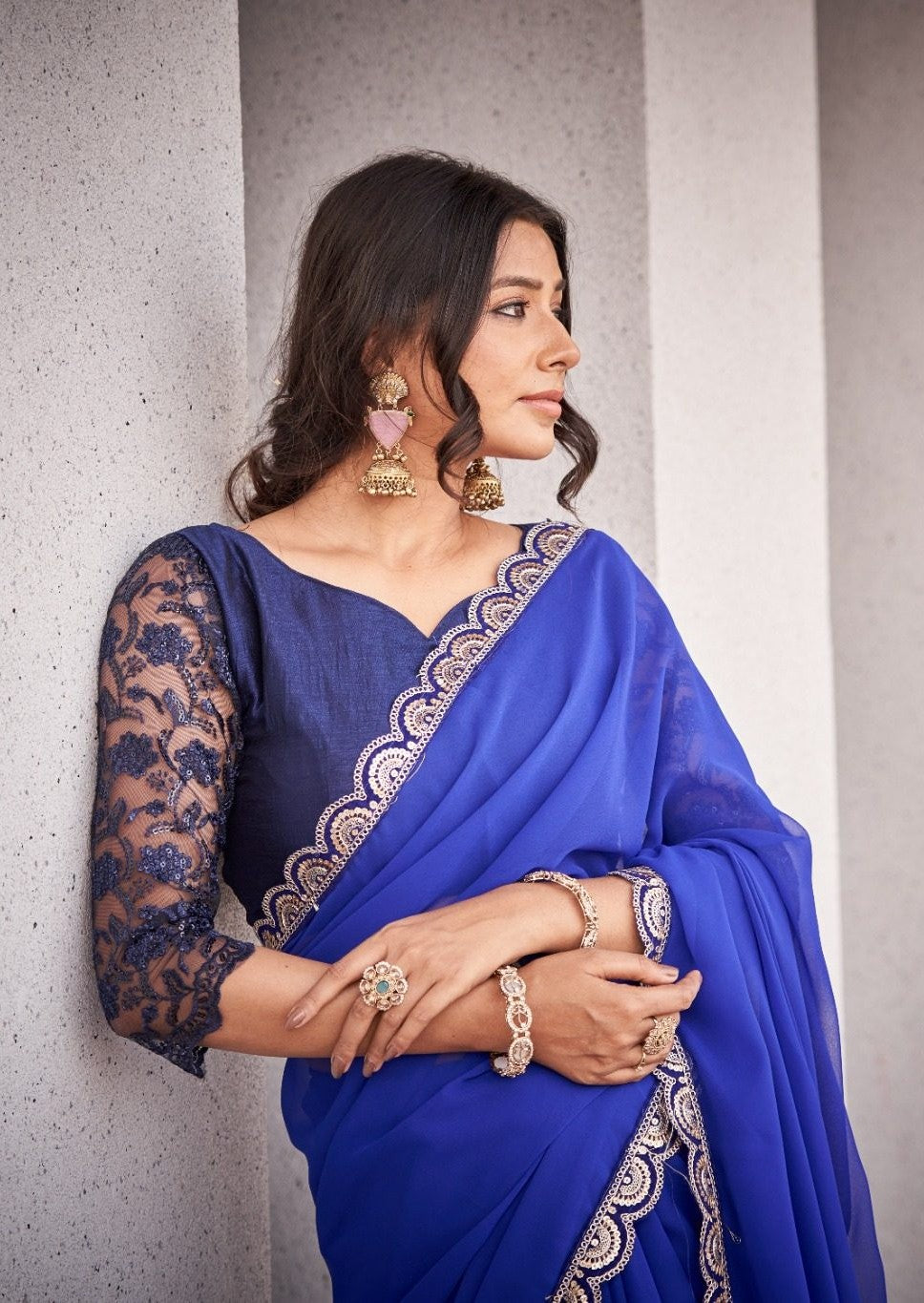Royal Blue Organza Silk Blend Saree with Elegant Scallop Embroidery Border