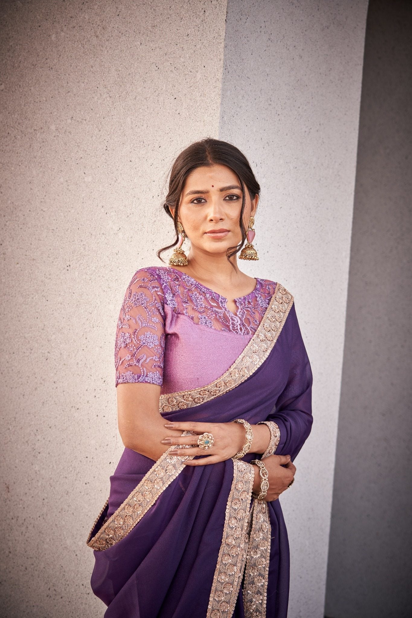 Soft Lavender Organza Silk Blend Saree with Elegant Pastel Embroidery Border