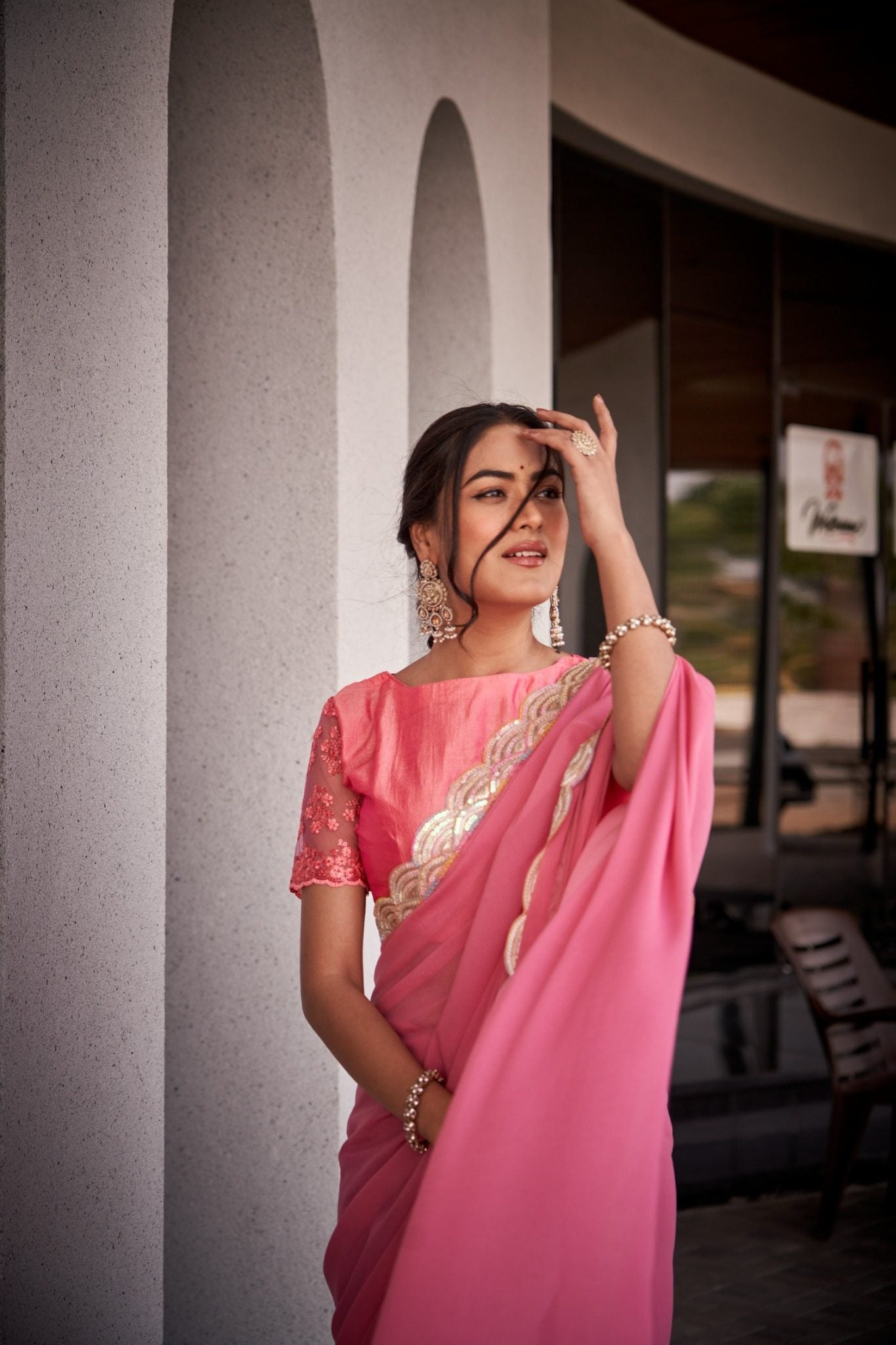 Soft Peach Pink Organza Silk Blend Saree with Designer Sequin Lace Border