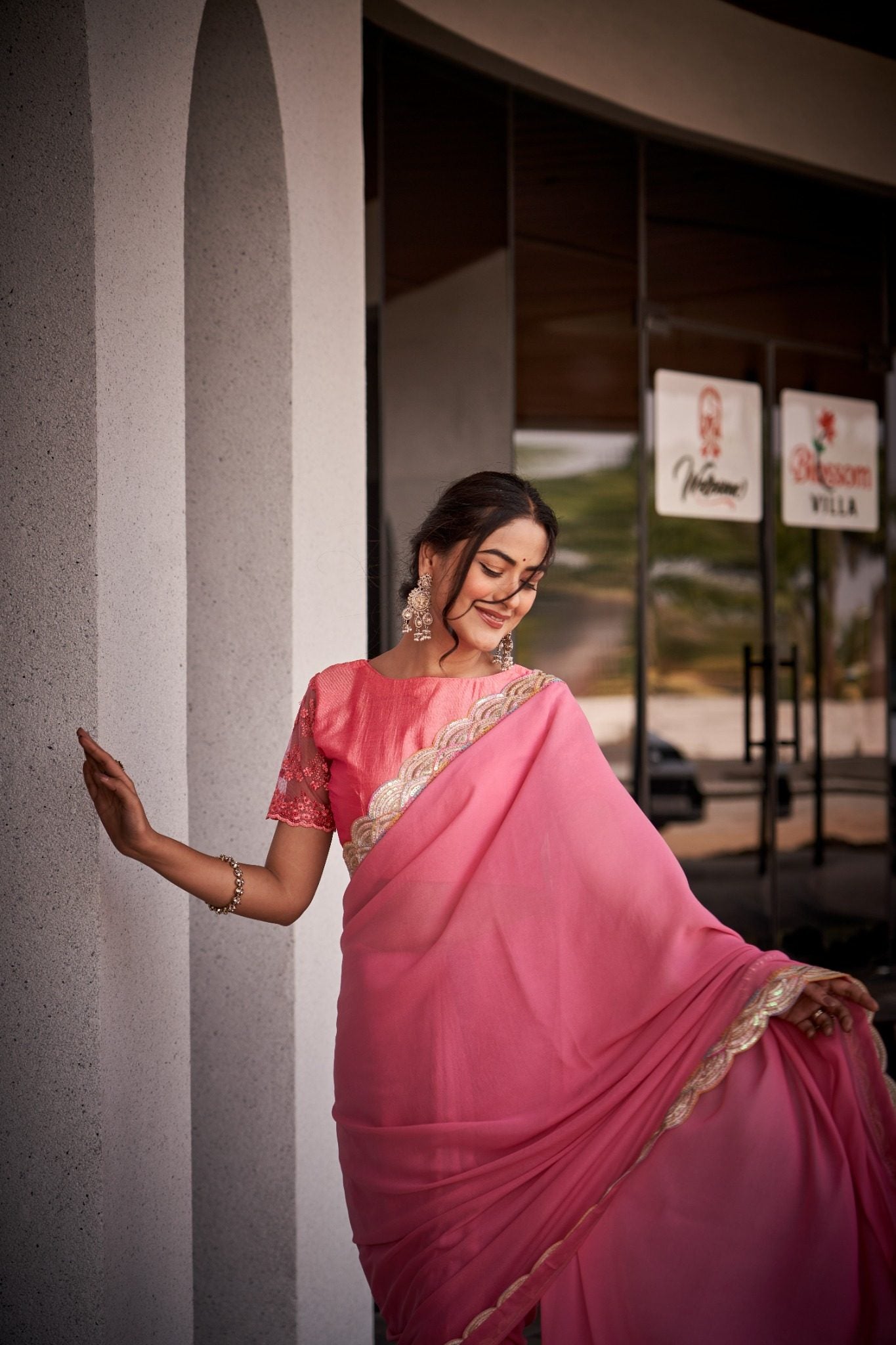 Soft Peach Pink Organza Silk Blend Saree with Designer Sequin Lace Border