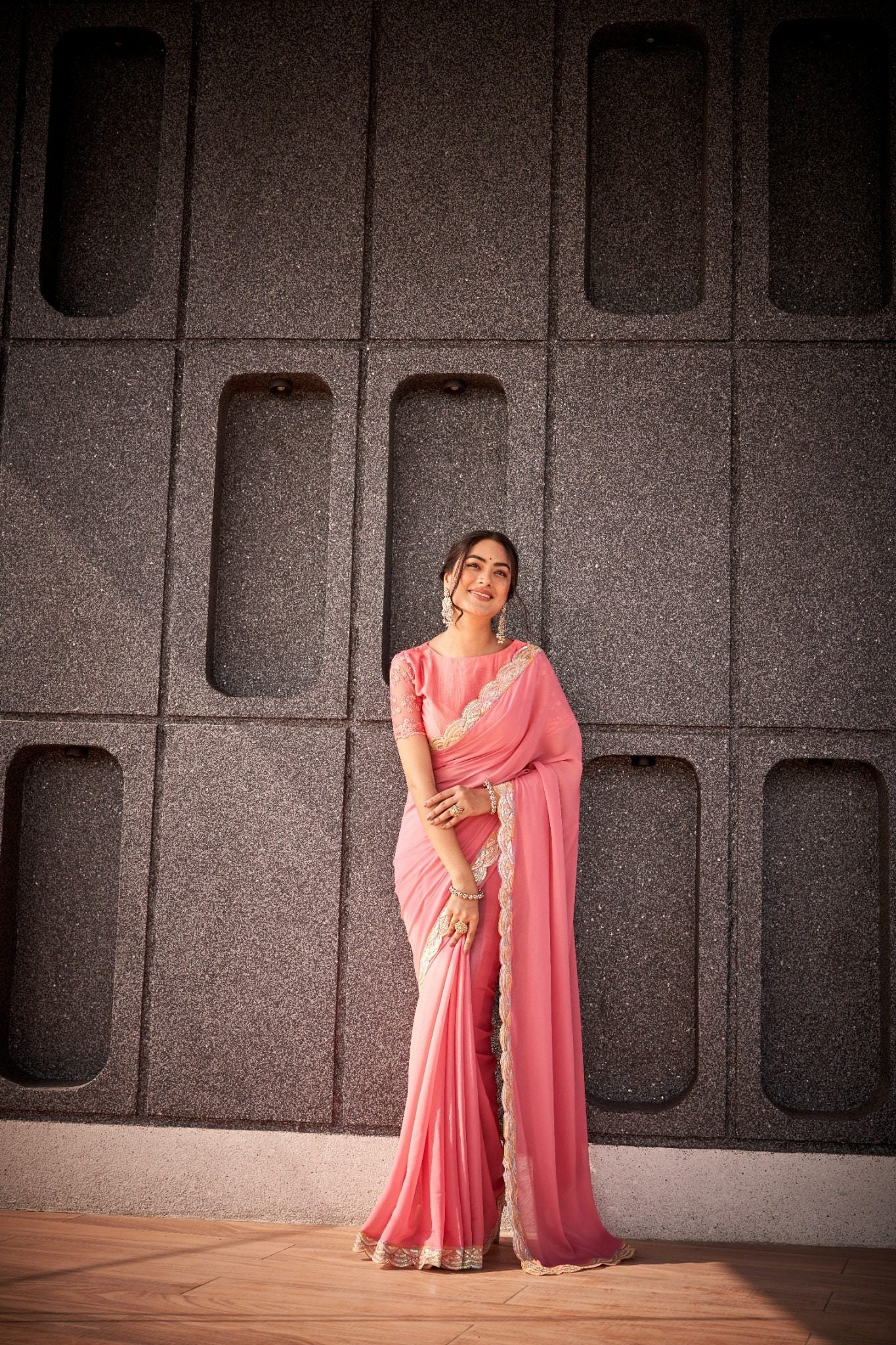 Soft Peach Pink Organza Silk Blend Saree with Designer Sequin Lace Border