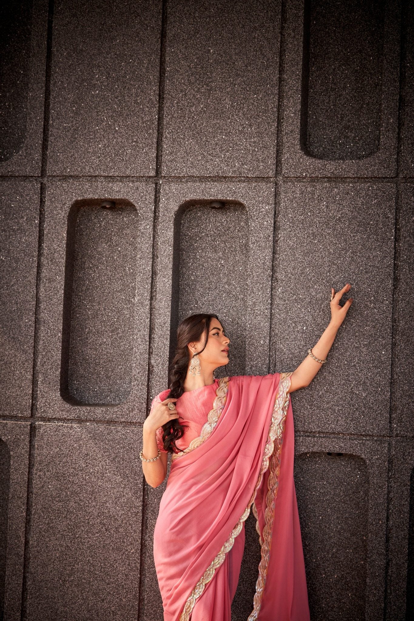 Soft Peach Pink Organza Silk Blend Saree with Designer Sequin Lace Border