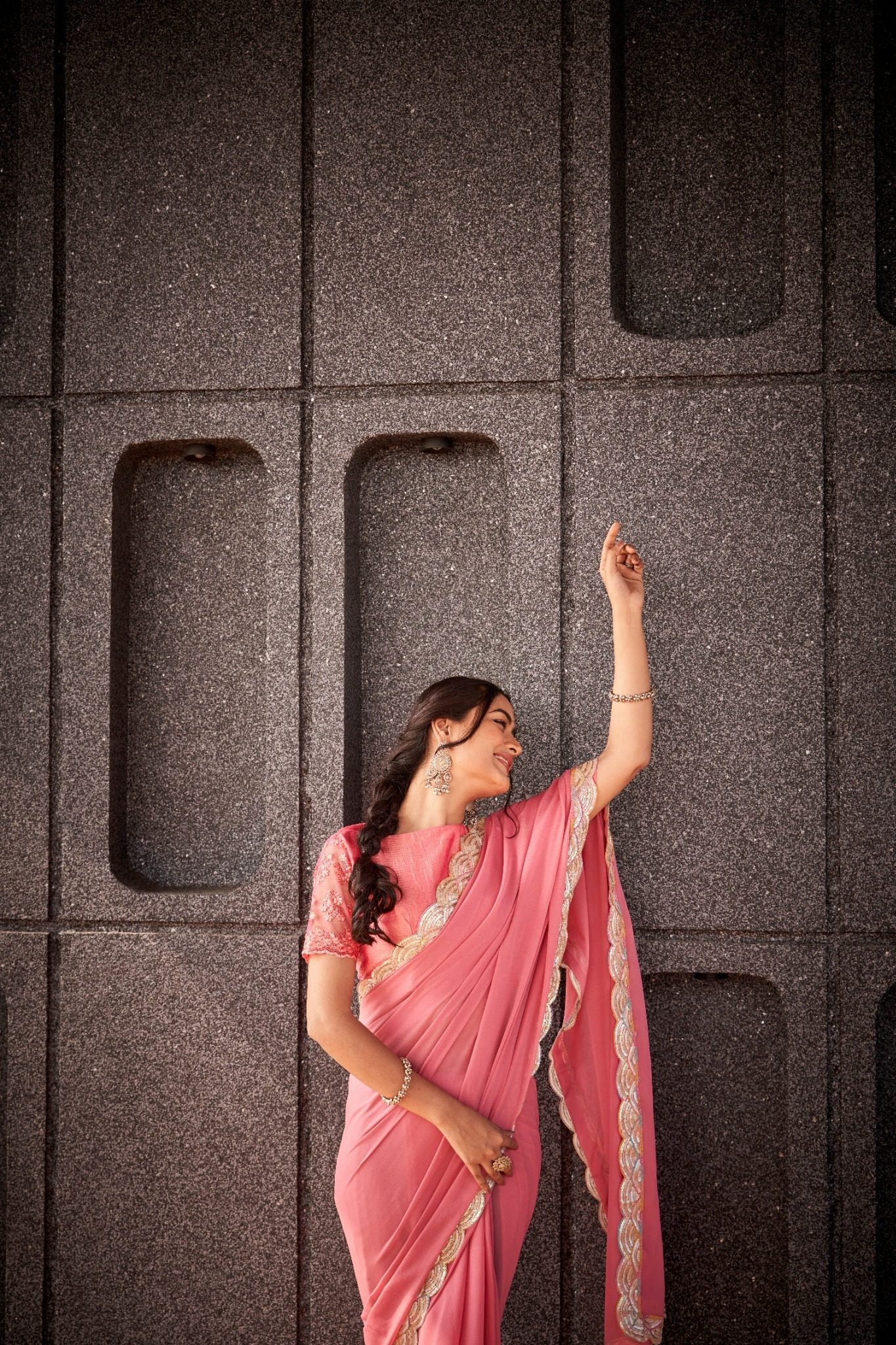 Soft Peach Pink Organza Silk Blend Saree with Designer Sequin Lace Border