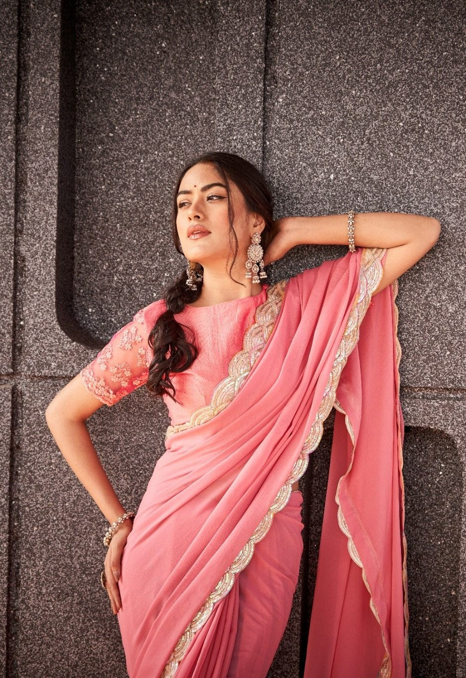 Soft Peach Pink Organza Silk Blend Saree with Designer Sequin Lace Border