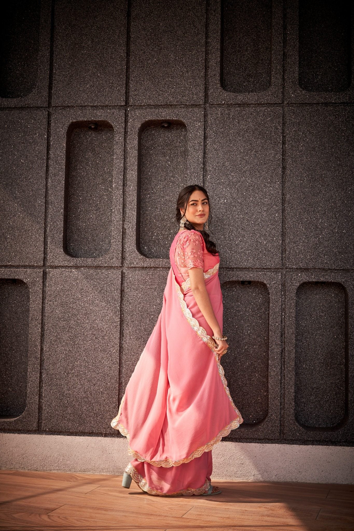 Soft Peach Pink Organza Silk Blend Saree with Designer Sequin Lace Border