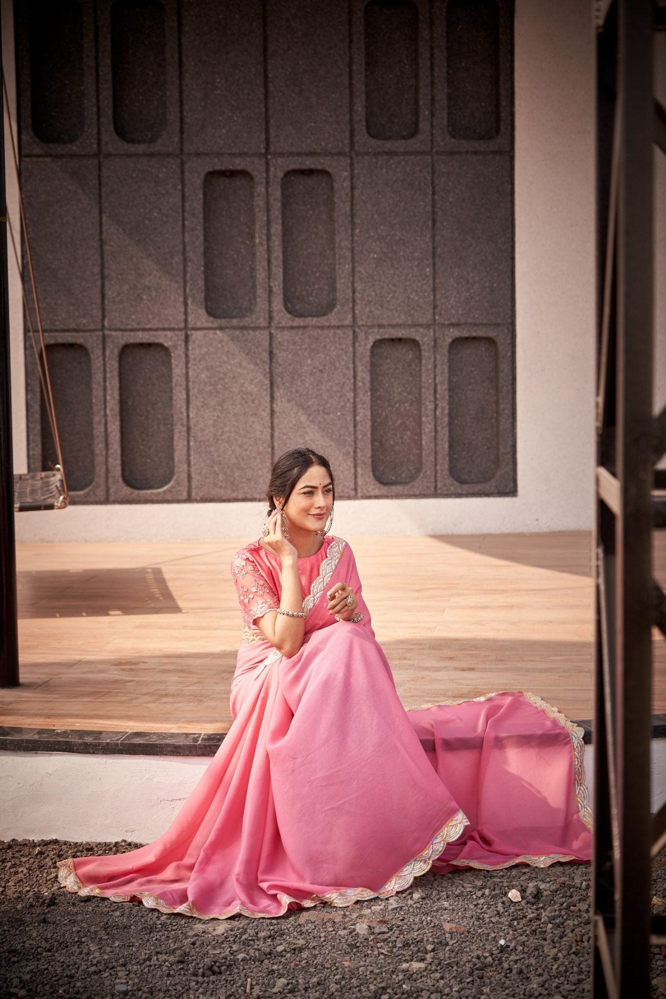 Soft Peach Pink Organza Silk Blend Saree with Designer Sequin Lace Border