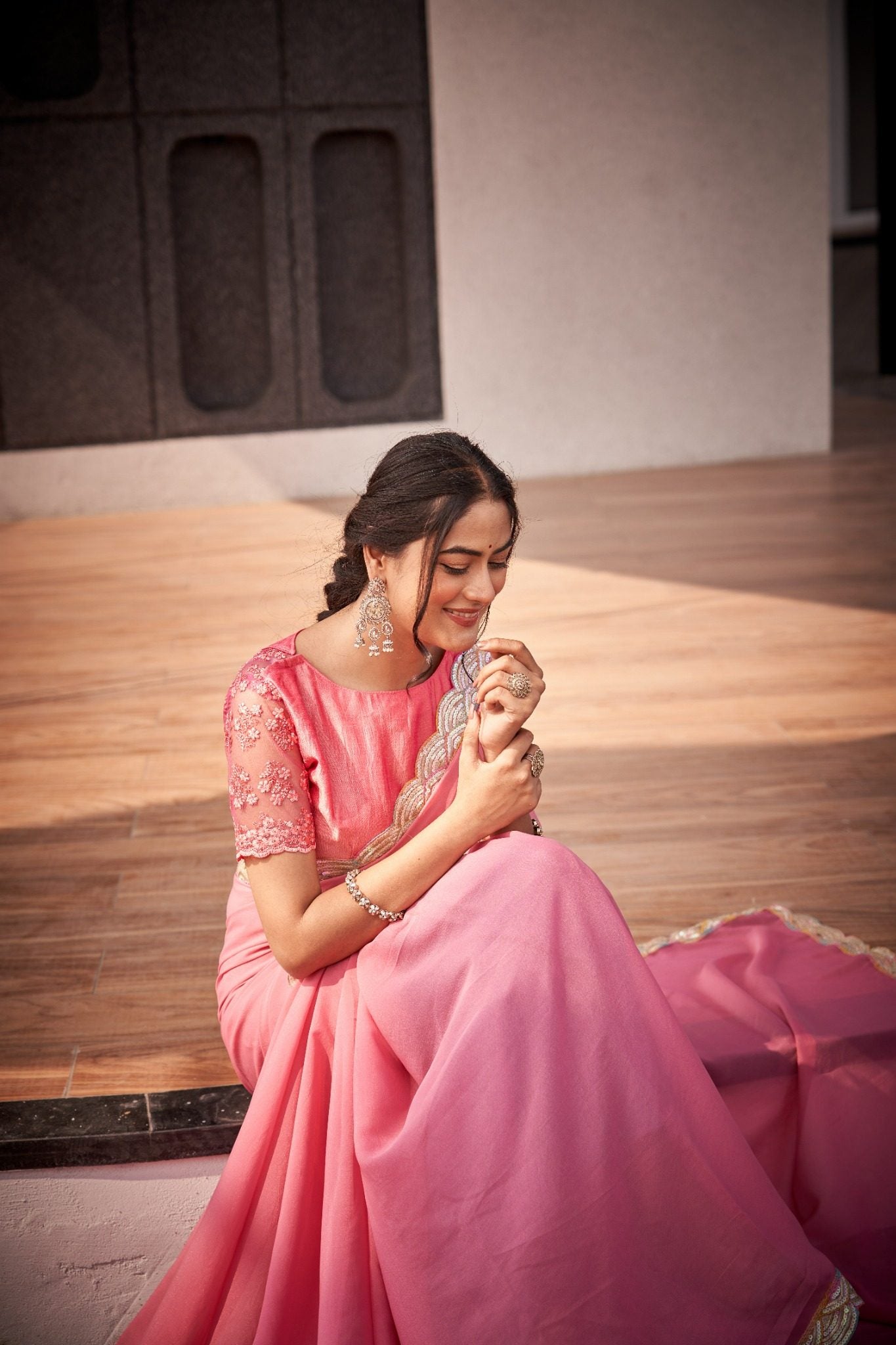 Soft Peach Pink Organza Silk Blend Saree with Designer Sequin Lace Border