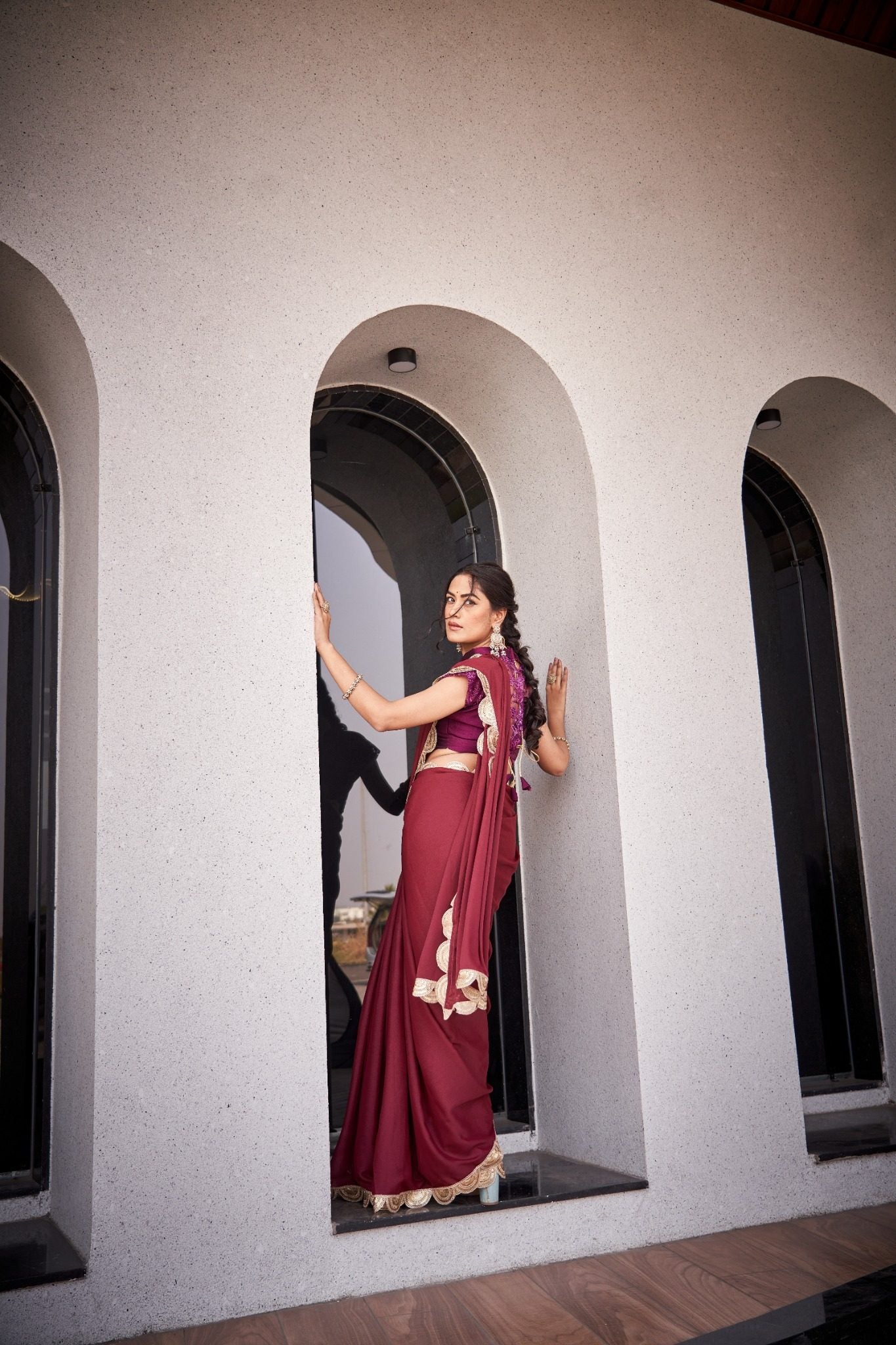 Wine Maroon Organza Silk Blend Saree with Luxury Designer Scallop Border