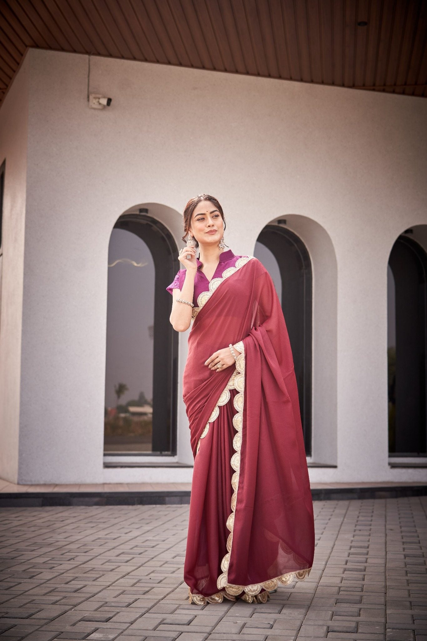 Wine Maroon Organza Silk Blend Saree with Luxury Designer Scallop Border