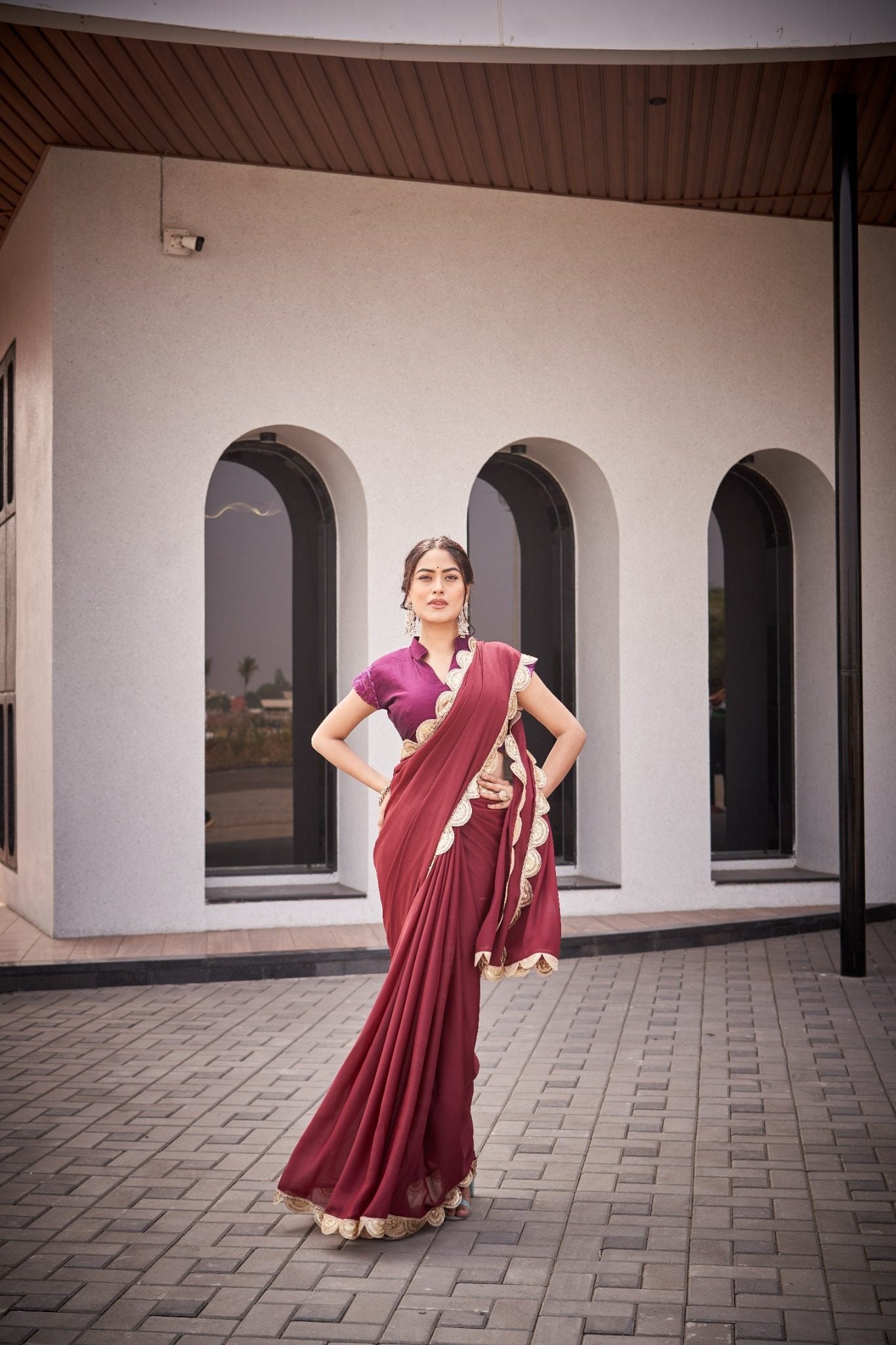 Wine Maroon Organza Silk Blend Saree with Luxury Designer Scallop Border