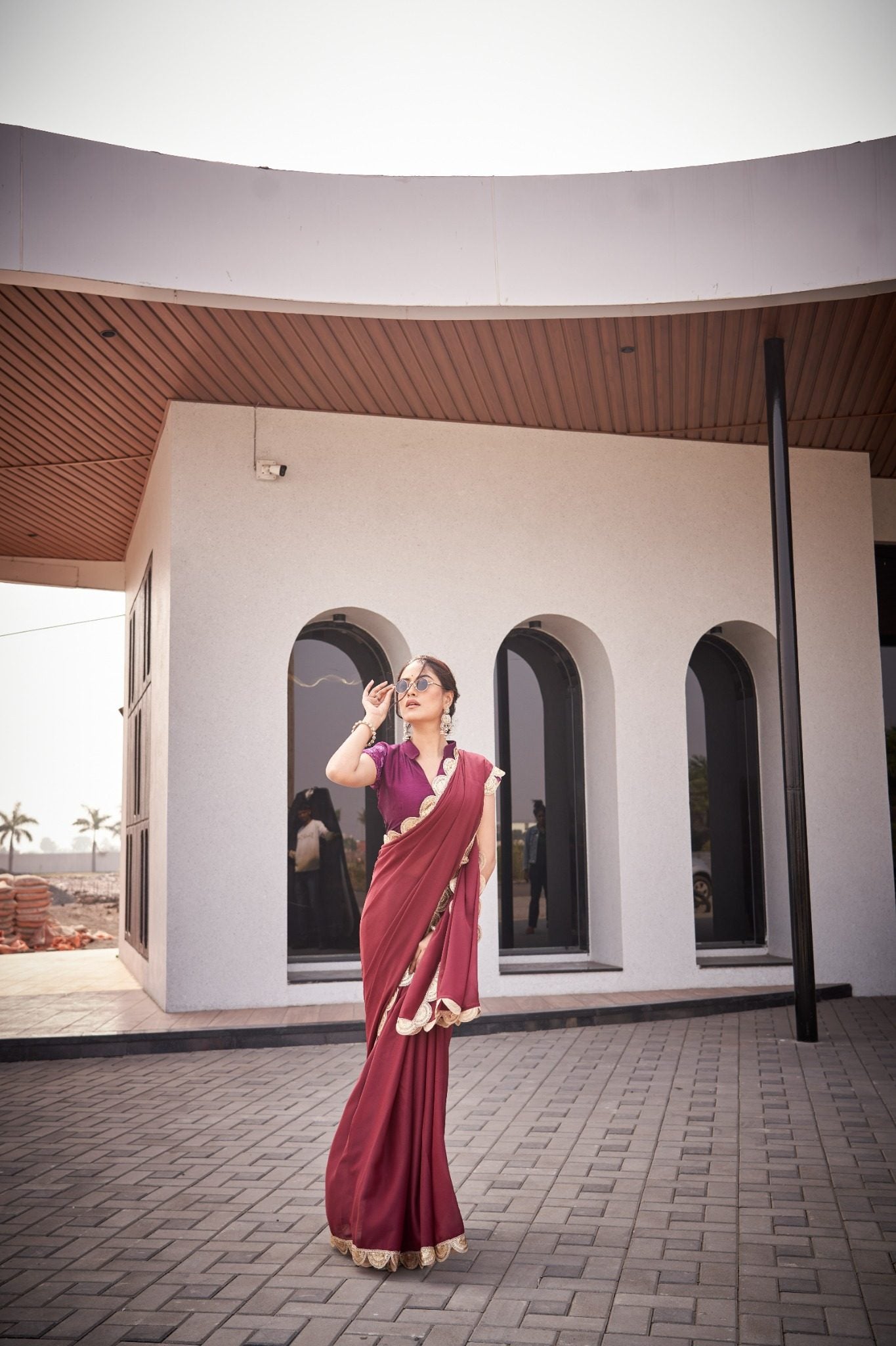 Wine Maroon Organza Silk Blend Saree with Luxury Designer Scallop Border