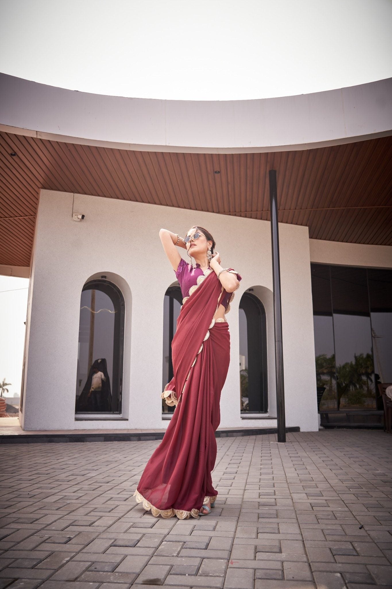 Wine Maroon Organza Silk Blend Saree with Luxury Designer Scallop Border