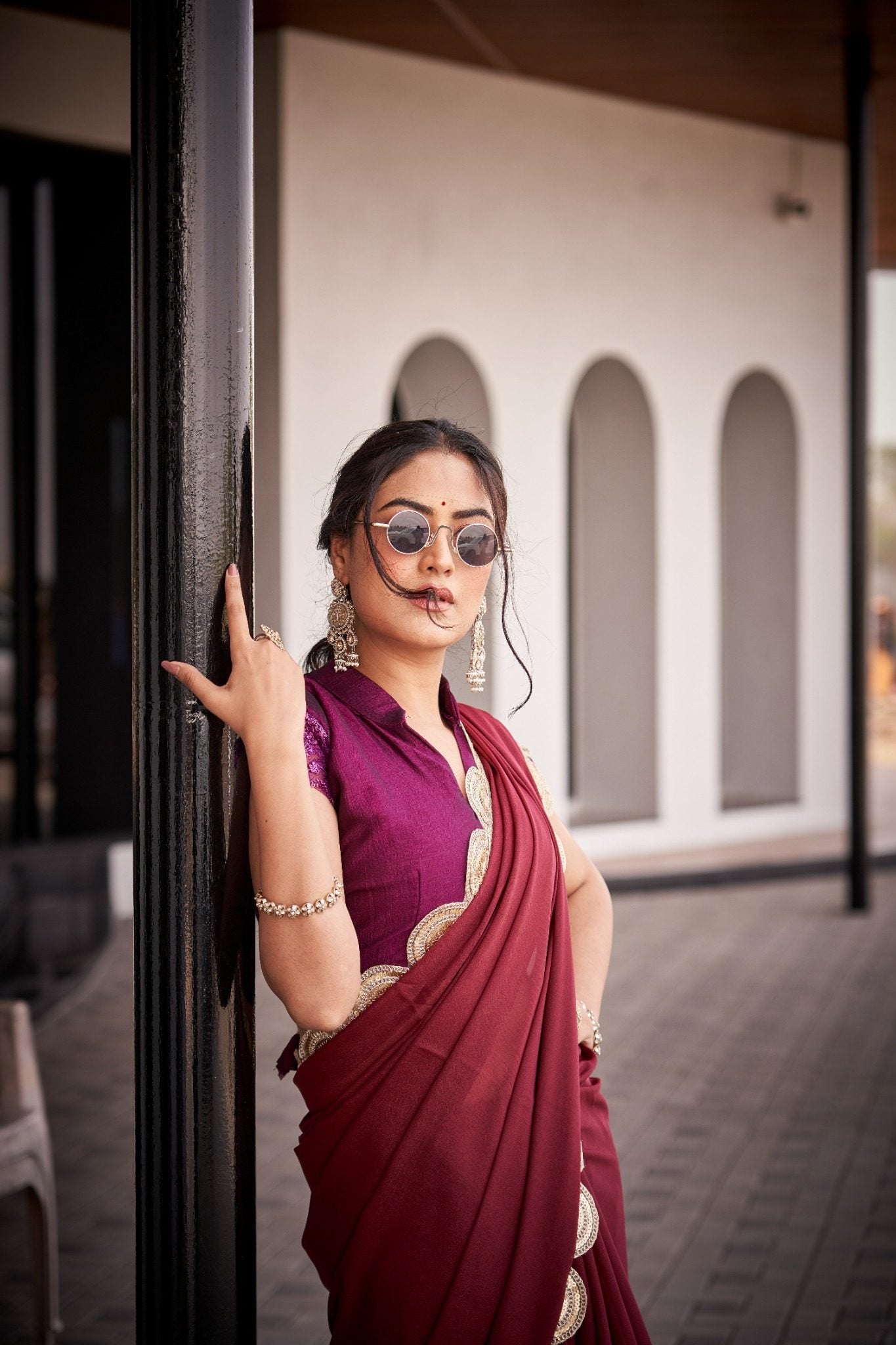 Wine Maroon Organza Silk Blend Saree with Luxury Designer Scallop Border