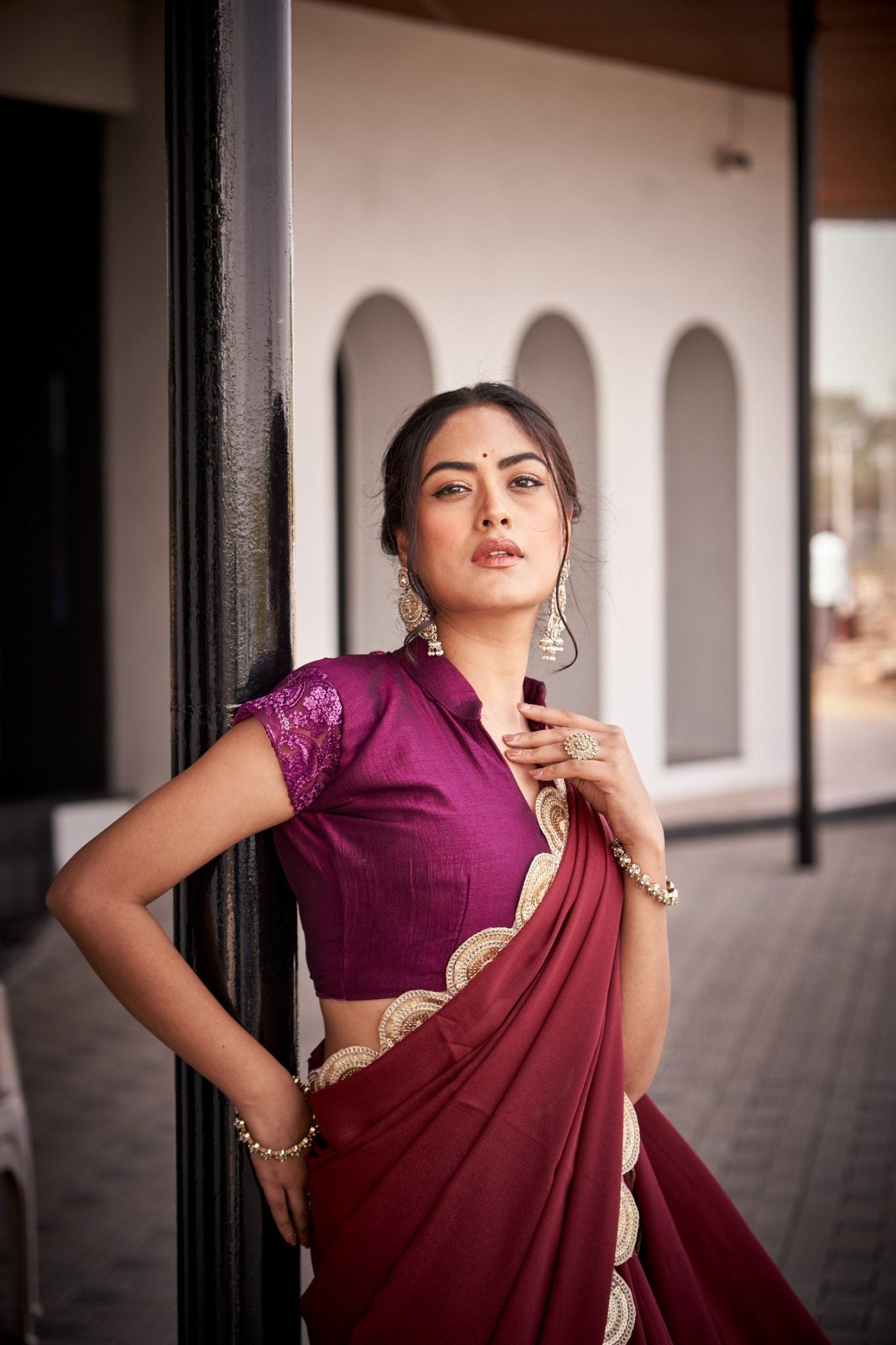 Wine Maroon Organza Silk Blend Saree with Luxury Designer Scallop Border