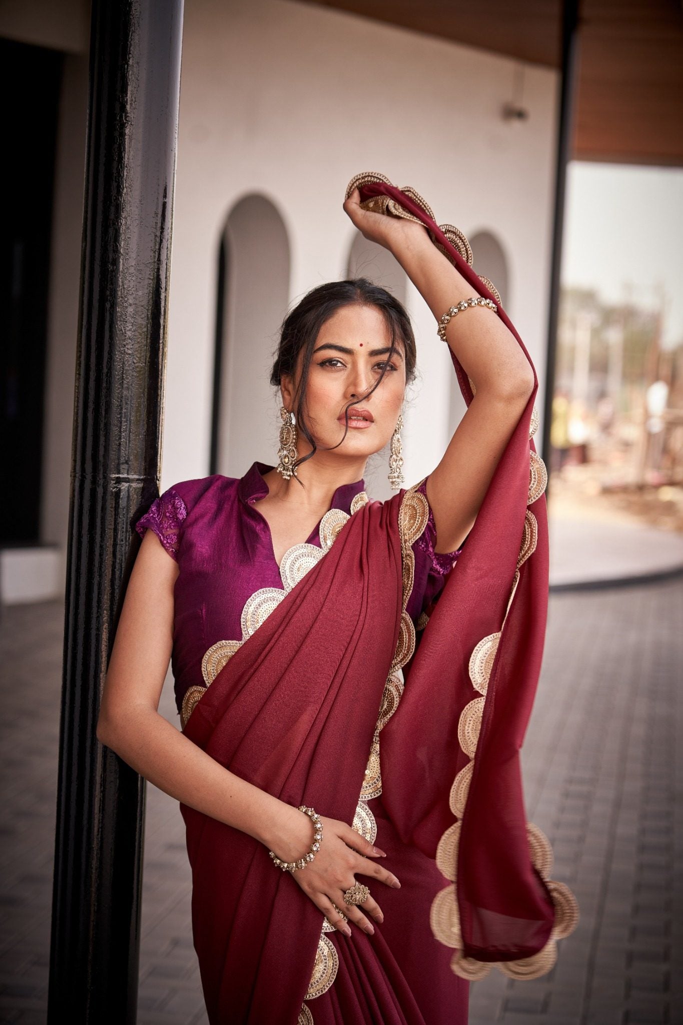 Wine Maroon Organza Silk Blend Saree with Luxury Designer Scallop Border